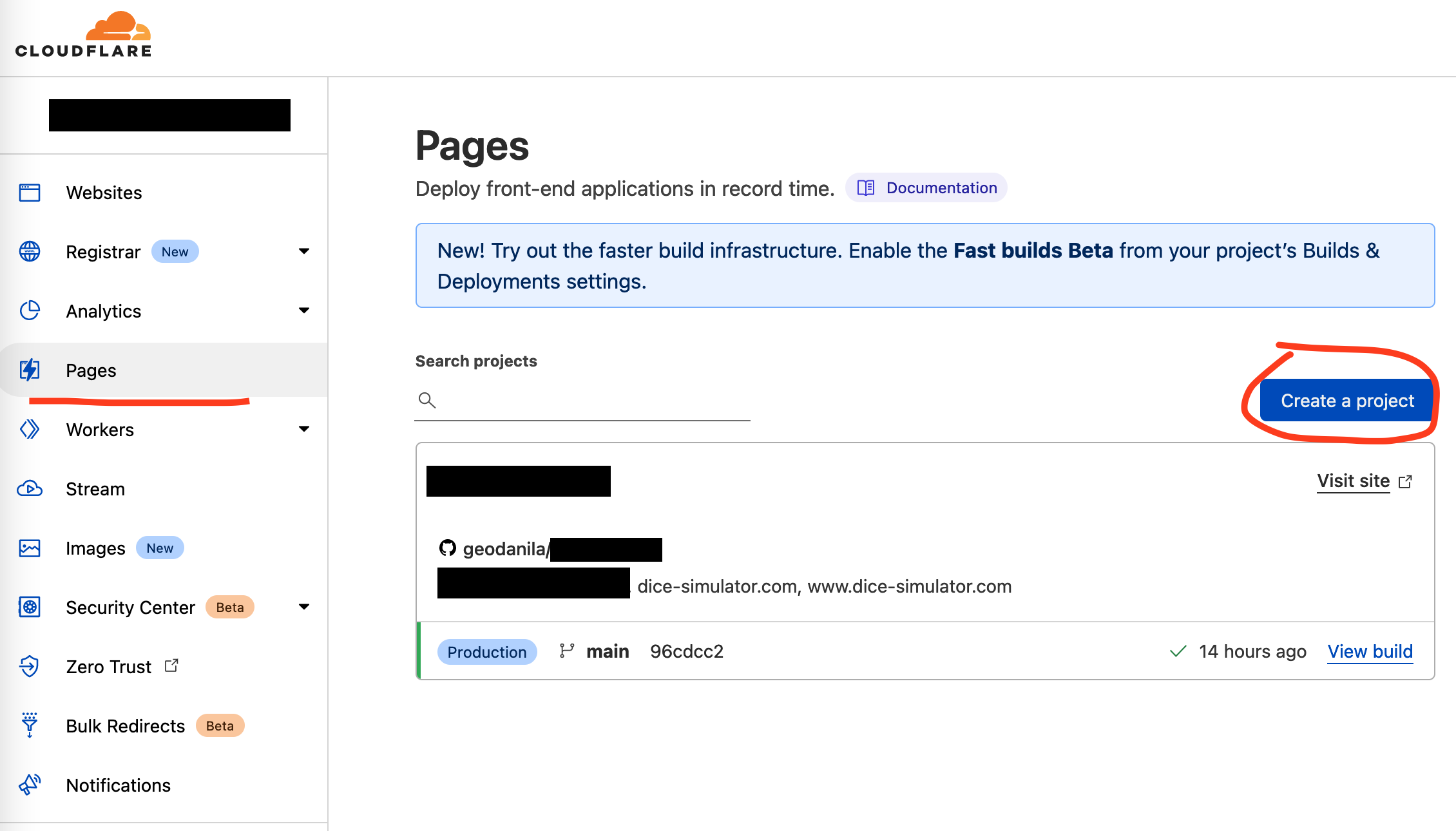 Screenshot of Cloudflare Pages setup